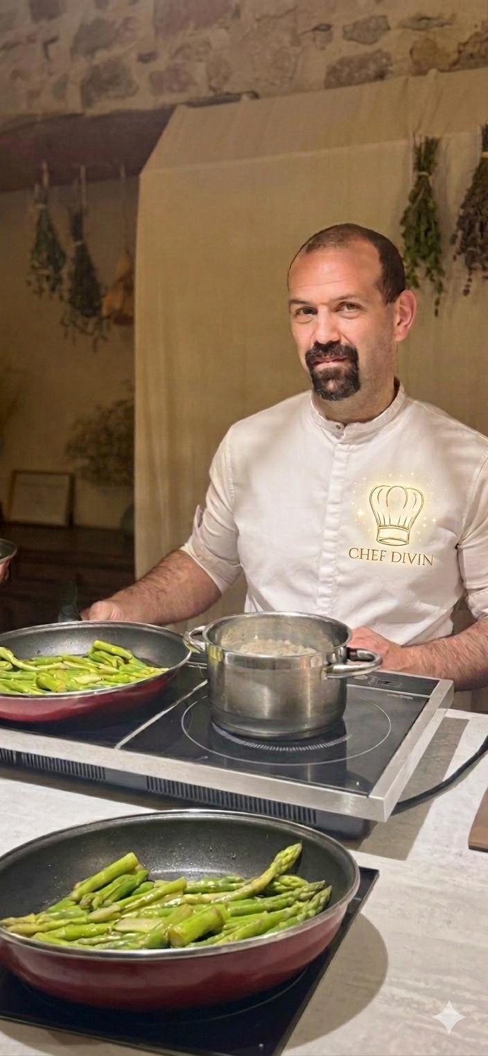 Chef Simon en cuisine préparant un plat gastronomique pour un dîner privé à domicile